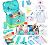 Perbabe Valigetta Dottore Bambini con Vero Stetoscopio e Camice - 32 Pezzi Gioco di Ruolo Educativo per Bambini 3 4 5 6 7 8 9 10 Anni Regalo Perfetto