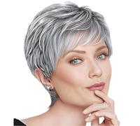 Perché Parrucche Corte Grigie per Donna Parrucche Corte Donna con Frangia Parrucca Ssintetica a Strati Soffice per Parrucche Capelli Veri Corti (Grigio Scuro)