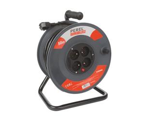 Perel Avvolgicavo uso interno, 4 prese con messa a terra francese, protezione termica, lunghezza cavo 50 m, 3G1,5, grigio