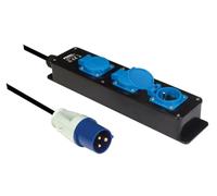 Perel Multipresa, 3 coperchi incernierati, 3 prese con contatto di terra (tipo E), spina CEE, cavo 3 m, 3G2.5, uso interno ed esterno, nero/blu