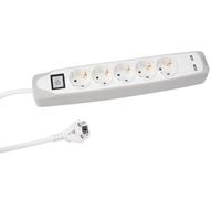 Perel Multipresa con interruttore, 5 prese Schuko (tipo F) con protezione bambini, 2 porte USB, cavo H05VV-F 3G1.5 da 1,5 m, 3500 W, IP20, bianco, 16 A, 230 V