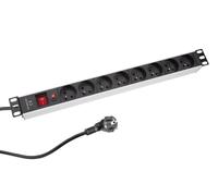 Perel Multipresa PDU con interruttore, protezione da sovraccarico, 8 prese con pin di messa a terra (tipo E), cavo da 2,15 m, 3G1.5, adatto per uso interno, adatto per rack da 19 pollici, nero/grigio