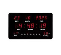 Perel Orologio da parete digitale nero, grande display LED 37.5x25.5cm, LED rossi, orologio digitale con calendario, ora, data, temperatura e umidità, termometro e igrometro, per ufficio, laboratorio