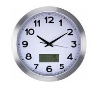 Perel Orologio da parete, rotondo, analogico, 35 cm, display LCD con termometro, igrometro e previsioni del tempo, alluminio, argento