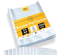 perfect line 200 Buste trasparenti anelli a4 perforate DIN-A4, bustine trasparenti, zigrinata, prive di acidi e valide per documenti ufficiali, Made in EU