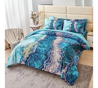 PERFEMET Set completo di 6 pezzi con trapunta in marmo color foglia di tè, per letto queen size, effetto acquerello marmo, lussuoso, stile retrò, per letto in una borsa, set completo (verde acqua