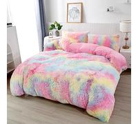 PERFEMET Set di biancheria da letto a pelo lungo, 3 pezzi, in soffice pelliccia sintetica, per ragazze, con morbido velluto tie-dye, per adolescenti e bambini (rosa, completo)