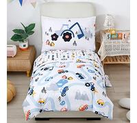 PERFEMET Set di biancheria da letto per bambini, 4 pezzi, in borsa, per bambini, veicoli, camion, set con lenzuola, collezione moderna per camera da letto, bianco