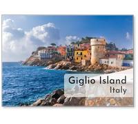 Perfetto Piccolo Borgo Marino di "giglio Porto" con Case Multicolore, Antica Difensiva e Costa Rocciosa Contro Un Mar Mediterraneo Blu Profondo - Isola del Giglio, Toscana, Magnete Frigo