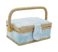 perfk Cestino da cucito a mano con maniglia per il trasporto 19x13x10 cm con vassoio rimovibile, esterno in legno e tessuto, versatile organizer per fili, Style C