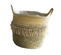 perfk Cesto portaoggetti Intrecciato, Cesto per Piante, Regalo di inaugurazione della casa, fioriera Intrecciata a Mano con Manici e Nappe per Soggiorno, 25x25 Cm