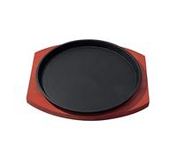 perfk Piatto da Bistecca in Ghisa con Base in Legno/Padella Rotonda per Grigliate di Pesce Sfrigolante di Carne di Dimensioni Personali/per La Cucina Uso Do, 23 cm