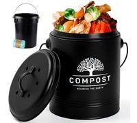 Perfnique Pattumiera da cucina per compostaggio, da 1,3 litri, con coperchio, secchio per compost da interno, include secchio interno e filtro al carbonio, piccolo cestino per compost (nero con