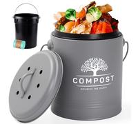 PERFNIQUE Pattumiera da cucina per compostaggio, da 1,3 litri, con coperchio, secchio per compost da interno include fodera interna e filtro al carbonio, piccolo cestino per compost (grigio con