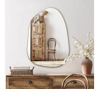 PERFNIQUE Specchio da parete irregolare, asimmetrico, 69 x 48 cm, oro, per bagno, camera da letto, soggiorno, ingresso, decorativo, moderno, bohémien