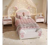 PerGar Lettino imbottito per bambini, 90 x 200 cm, a LED, con vano portaoggetti, testiera in orecchie di coniglio, letto per ragazze, rete a doghe in velluto, senza materasso, beige