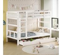 PerGar Letto a castello 90 × 200 cm, letto a soppalco per 2 bambini, letto in legno con 2 cassetti, letto per casa con protezione contro le cadute e rete a doghe, in legno di pino massiccio, per