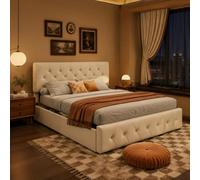PerGar Letto baule 160x200cm, Letto Matrimoniale con contenitore con sistema idraulico e testiera, letto imbottito con rete a doghe in Legno, Struttura Letto, velluto, beige, senza materasso