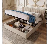 PerGar Letto idraulico 160 x 200 cm, letto imbottito con vano portaoggetti, letto a molle, letto matrimoniale, letto con rete a doghe, tessuto di lino, senza materasso, beige