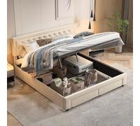 PerGar Letto Idraulico, 160 x 200 cm, letto matrimoniale, letto con 2 cassetti, letto con vano portaoggetti e testiera, letto funzionale, in velluto, senza materasso (beige)