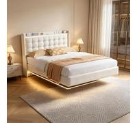 PerGar Letto imbottito 140 x 200 cm, letto con illuminazione a LED e USB, moderno letto matrimoniale con rete a doghe, effetto visivo sospeso, velluto, bianco, senza materasso (bianco, 160 x 200)