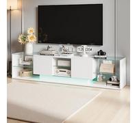PerGar Mobile TV da 200 cm, da appendere con 2 cassetti, supporto per TV frontale lucido, con illuminazione a LED e 3 ante + ripiani in vetro, design moderno per soggiorno, 200 x 35 x 45 cm, bianco