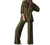 Periodicali Casual 2-Piece Loose-Fit Short Sleeve Top & Wide-Leg Pants Set with Pockets, Crew Neck for Daily Use (Green 3,XXL)