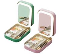 Periodicali Travel Makeup Mirror, Cosmetic Storage Box, Periodicali Travel Makeup Bag, Integrated Storage Box with Light-Filling Mirror, Foldable with LED Fill Light (Green+Pink)