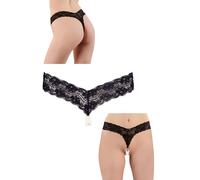 Perizoma in pizzo nero e perle lingerie sexy slip donna cavallo aperto hot tanga