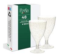Perla - 48 Calici da Vino in Plastica Rigida - Trasparente con Glitter Dorati da 180ml - Bicchieri Resistenti e Riutilizzabili - Bicchiere Calice Vino per Compleanni Matrimoni e Feste