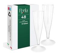 Perla - 48 Flute Plastica - Calici Plastica Rigida 120ml - Bicchieri da Champagne Trasparenti - Calice Lavabile e Riutilizzabile per Feste Matrimoni e Compleanni (Gambo Bianco)