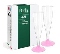 Perla - 48 Flute Plastica - Calici Plastica Rigida 120ml - Bicchieri da Champagne Trasparenti - Calice Lavabile e Riutilizzabile per Feste Matrimoni e Compleanni (Gambo Rosa)