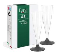 Perla - 48 Flute Plastica - Calici Plastica Rigida 120ml - Bicchieri da Champagne Trasparenti - Calice Lavabile e Riutilizzabile per Feste Matrimoni e Compleanni (Gambo Nero)