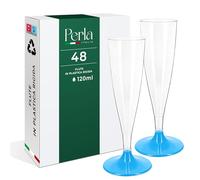 Perla - 48 Flute Plastica - Calici Plastica Rigida 120ml - Bicchieri da Champagne Trasparenti - Calice Lavabile e Riutilizzabile per Feste Matrimoni e Compleanni (Gambo Celeste)