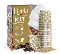Perla, Kit 150 Bicchierini Caffè 75 ml in Carta, 150 Palettine in Legno, 150 Bustine di Zucchero, Bicchieri Caffè e Palettine Monouso, Bicchierini di Carta Usa e Getta