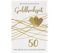 Perleberg Biglietto per matrimonio d'oro con motivo a cuore, collezione Lifestyle, biglietto di auguri per matrimonio d'oro, con busta, 11,6 x 16,6 cm