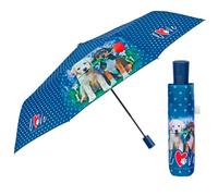 PERLETTI Ombrello Pieghevole Automatico Donna Blu con Cagnolini - Ombrellino Antivento Compatto Piccolo Resistente - Ombrello Mini da Viaggio Borsa Ragazza Cuccioli - Diametro 96 cm (Blu con Cani)