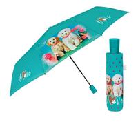 PERLETTI Ombrello Pieghevole Automatico Donna con Cagnolini - Ombrellino Antivento Compatto Piccolo Resistente - Ombrello Mini da Viaggio Borsa Ragazza Cuccioli - Diametro 96 cm (Azzurro con Cani)