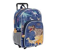 PERLETTI Zaino Trolley Bambino Stampa Dinosauri - Cartella Scuola Materna Bambini Ruote Tasca Frontale Blu - Zainetto Bimbo Trolley Staccabile da Viaggio Dettagli Riflettenti - 36x25x15cm (Dinosauro)