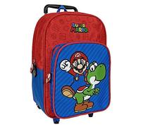 PERLETTI Zaino Trolley Super Mario Bambino Rosso Blu - Zainetto Bimbo con Carrello Staccabile e Tasca Frontale - Trolley Bambini Scuola Materna Viaggio con Mario Yoshi Regolabile Leggero - 36x25x15cm