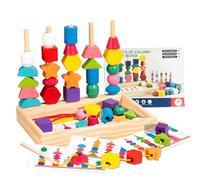Perline da Infilare Bambini Legno,Giochi da Infilare per Bambini, 2-In-1 Giocattoli Impilabili Und Infilare,Giochi Bambino Forme Colori Geometriche Ordinamento Giocattolo,Giochi Montessori 2 3 4 Anni