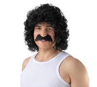 Perm + Baffi Adulti Nero Ricci Uomo Parrucca 70s Disco Costume