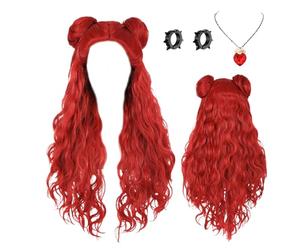Perruque Rouge Halloween - Longue Bou cosplay polyvalents avec boucles d'oreilles | Déguisement parfait pour spectacle, fête, emblema razza, costume tenue costume enfant