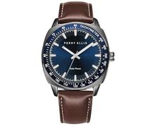 Perry Ellis Orologio da uomo a energia solare, in pelle vegana, analogico, impermeabile, 43 mm, con lunetta tachimetrica in alluminio, elegante idea regalo, Borgogna, 43
