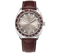 Perry Ellis Orologio da uomo a energia solare, in pelle vegana, analogico, impermeabile, 43 mm, con lunetta tachimetrica in alluminio, elegante idea regalo, Blu, 43