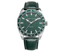 Perry Ellis Orologio da uomo a energia solare, in pelle vegana, impermeabile, analogico, cassa da 42 mm, lunetta tachimetrica in alluminio, regalo elegante per uomo, Verde, Vestito