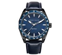 PERRY ELLIS Orologio da uomo a energia solare, in pelle vegana, impermeabile, analogico, cassa da 42 mm, lunetta tachimetrica in alluminio, regalo elegante per uomo, Navy, Vestito