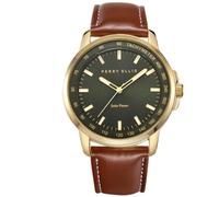Perry Ellis Orologio da uomo a energia solare, in pelle vegana, impermeabile, analogico, cassa da 43 mm, lunetta tachimetrica in alluminio, regalo elegante per uomo, Oro, Vestito