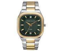 Perry Ellis Orologio da uomo - Cuscino bicolore argento oro, quadrante verde sunray con accenti di diamanti, indici oro sfaccettato, bracciale elastico, al quarzo, analogico, accessorio alla moda
