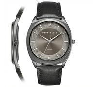 Perry Ellis Orologio da uomo Slim Diamond - quadrante rotondo grigio Sunray, cinturino in pelle nera, analogico resistente all'acqua